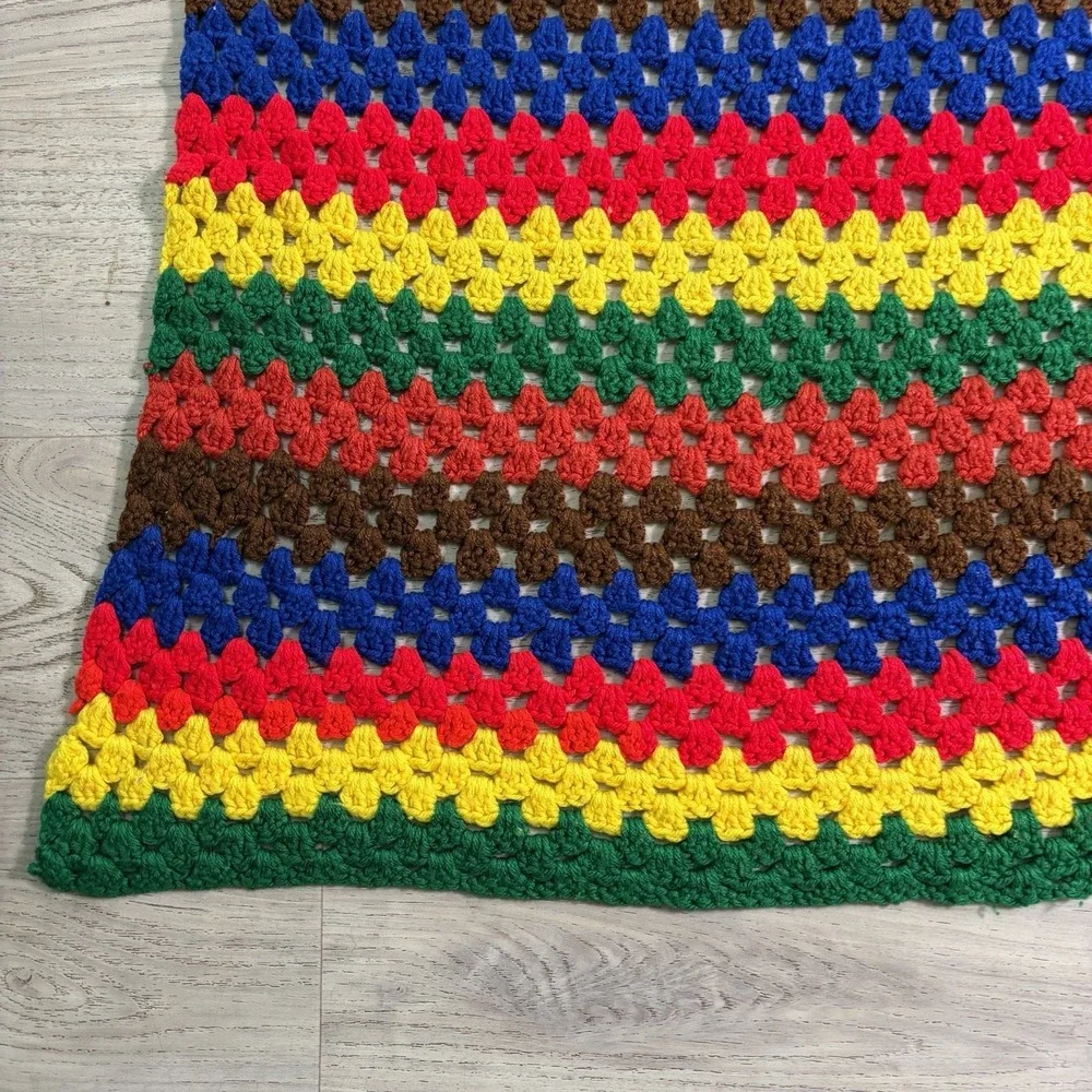 Vintage Large Afghan Hand Knit Crochet Granny Stripes Blanket 60x37 Bright Color